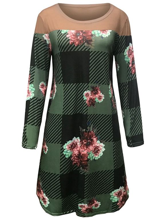 Robe Chemise Fleur Imprimée à Carreaux à Manches Longues avec Poche - multicolor B 2XL