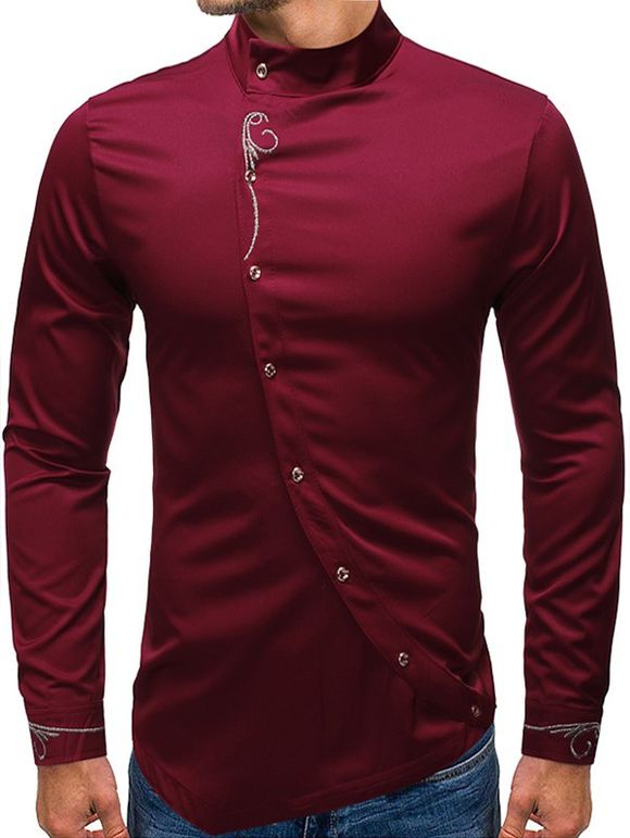 Chemise Haute Basse Fleurie Brodée avec Bouton Oblique - Rouge Vineux L