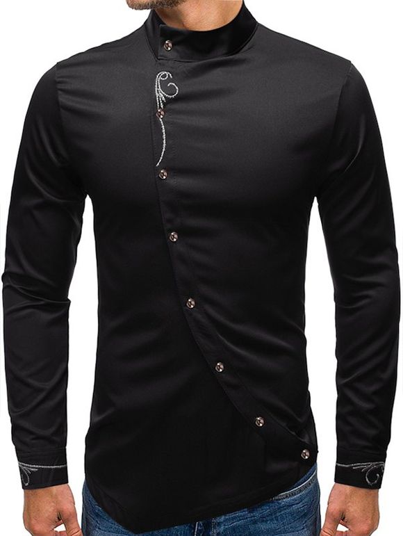 Chemise Haute Basse Fleurie Brodée avec Bouton Oblique - Noir 2XL