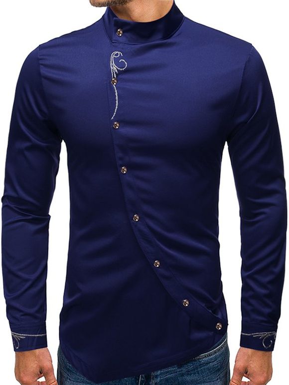 Chemise Haute Basse Fleurie Brodée avec Bouton Oblique - Cadetblue XL
