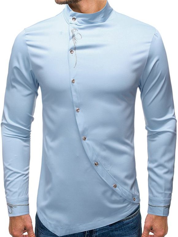Chemise Haute Basse Fleurie Brodée avec Bouton Oblique - Bleu clair L