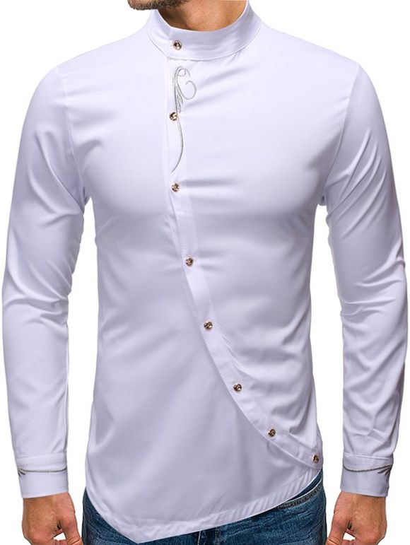 Chemise Haute Basse Fleurie Brodée avec Bouton Oblique - Blanc 2XL
