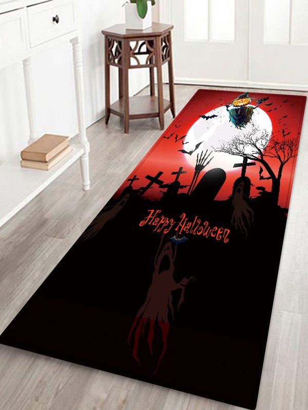 

Halloween Moon Bat Print Floor Mat, Bean red