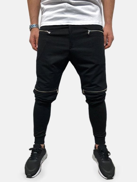 Pantalon de Jogging Tricoté Zippé Décoré de Poche - Noir L