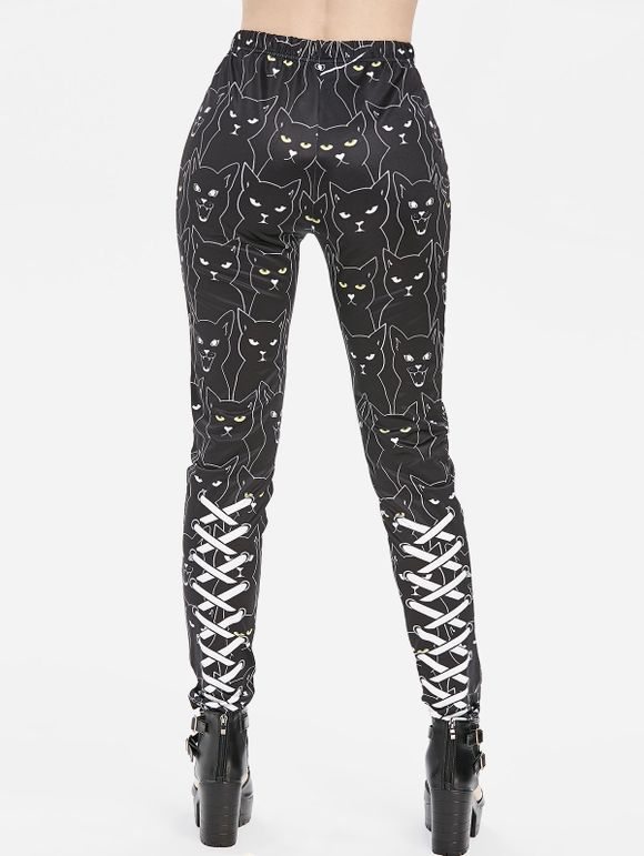 3D Lace Up Cat Print High Waisted Skinny Pants - BLACK M