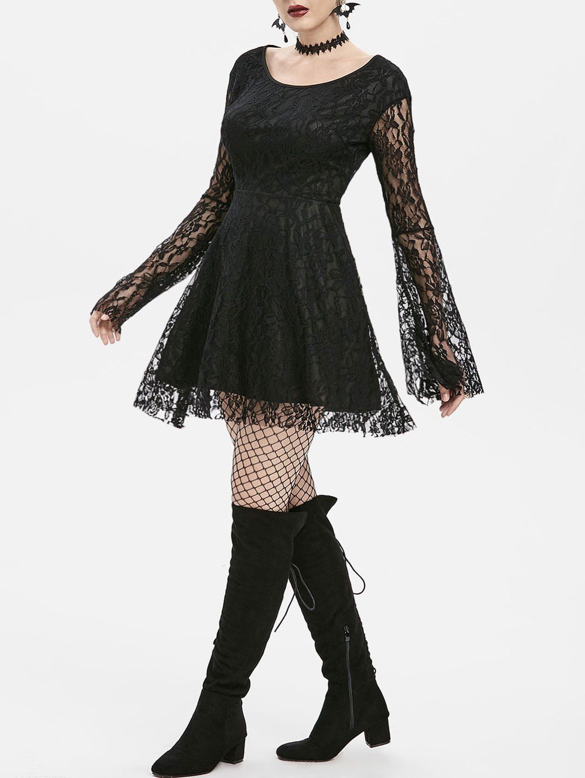 Gothic Bell Sleeve Lace Dress - BLACK 2XL