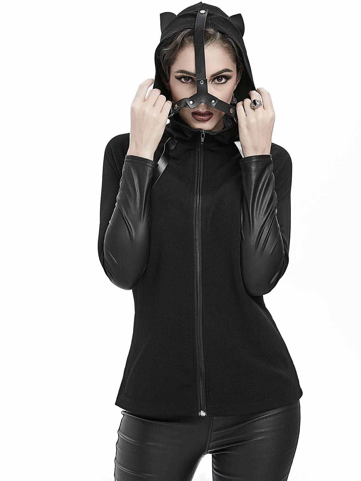 Gothic Cat Ear PU Insert Fitted Hooded Jacket - BLACK XL