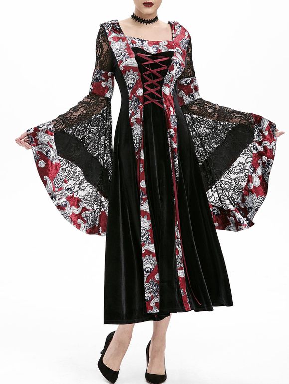 Robe d'Halloween Gothique à Capuche Manches Evasées à Lacets - Noir 3XL