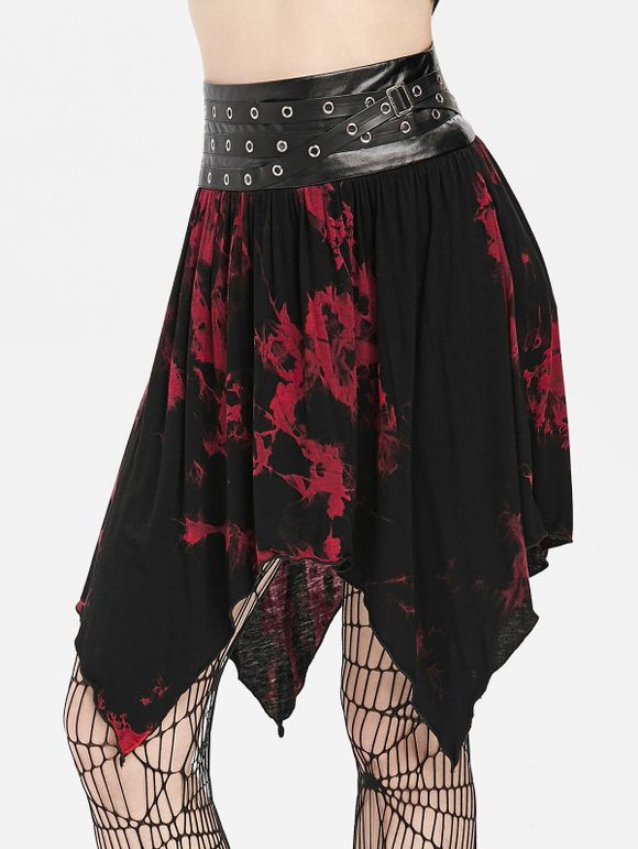 Asymmetric Faux Leather Insert Tie Dye Print Gothic Skirt - FIREBRICK L