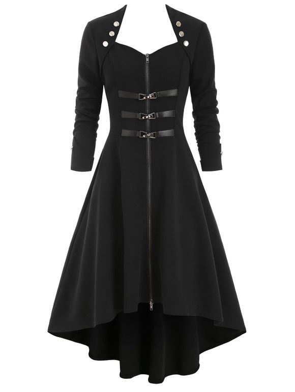 Manteau Trench Haut Bas Gothique Embelli de Bouton - Noir L