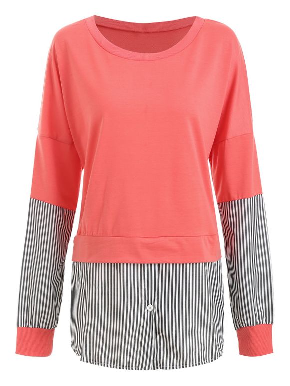 Striped Patched Crew Neck Longline Sweatshirt - LIVING CORAL 2XL