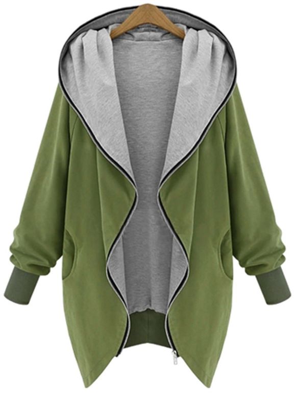 Manteau à Capuche Asymétrique en Blocs de Couleurs Grande Taille - Vert Fougère 4X