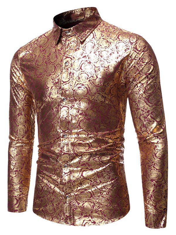 

Gilding Floral Print Button Up Slim Fit Shirt, Red wine