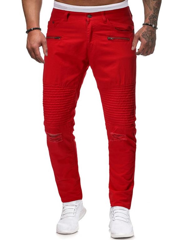 Pantalon Long Déchiré Plissé en Couleur Unie - Rouge XS