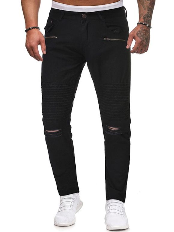 Pantalon Long Déchiré Plissé en Couleur Unie - Noir S