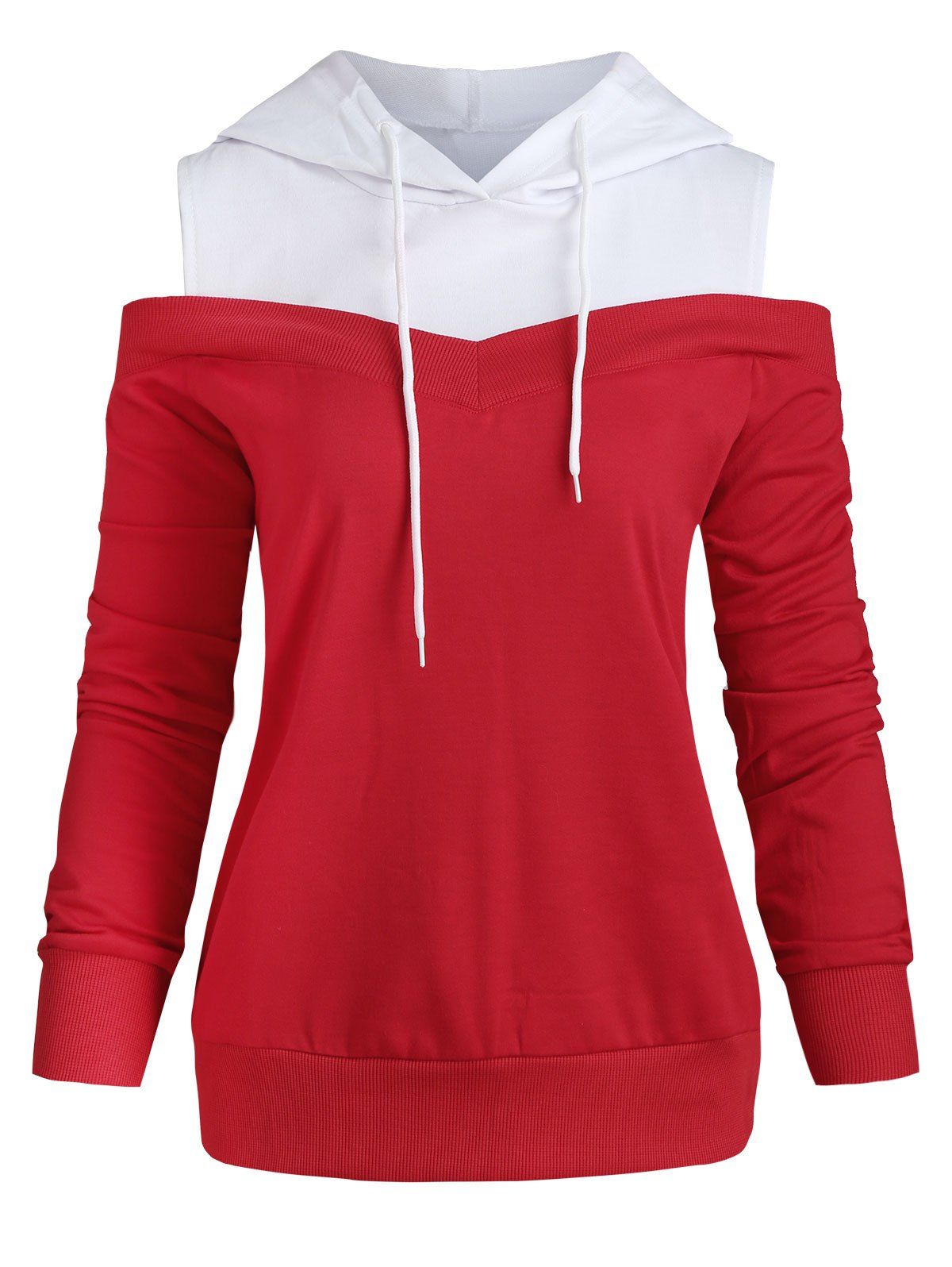 

Cold Shoulder Color Block Drawstring Hoodie, Red