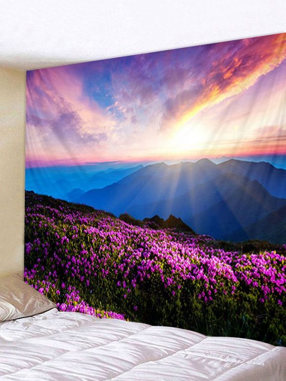 Tapisserie Murale Pendante Art Décoration Coucher de Soleil Fleur et Montagne Imprimés - Rouge Violet W91 X L71 INCH