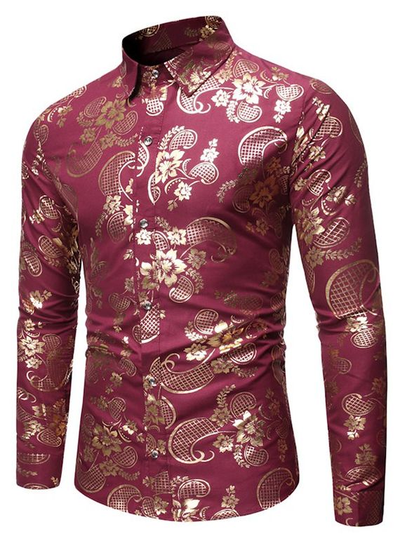 Chemise Boutonnée Motif de Fleur Dorée à Manches Longues - Rouge Vineux M