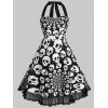 Robe d'Halloween Vintage Crâne Imprimée de Grande Taille à Col Halter - Noir L