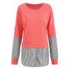 Striped Patched Crew Neck Longline Sweatshirt - LIVING CORAL 2XL