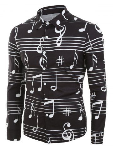 Music Notes Print Long Sleeve Button Up Festival Shirt