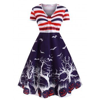 

Pumpkin Bat Print Stripes Halloween Plus Size Dress, Purple