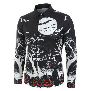 Halloween Night Pumpkins Print Button Up Long Sleeve Shirt
