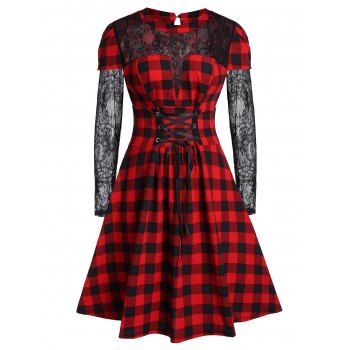 

Plus Size Lace Up Plaid A Line Dress, Red wine