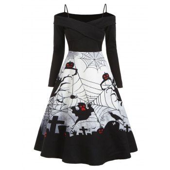 

Halloween Spider Web Ghost Cold Shoulder Dress, Black