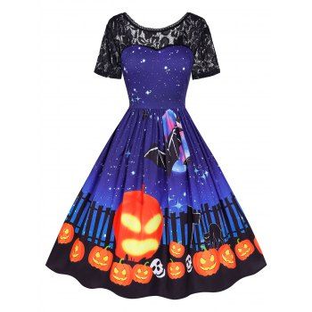 

Plus Size Mini Halloween Pumpkin Print Lace Insert Vintage Dress, Blueberry blue