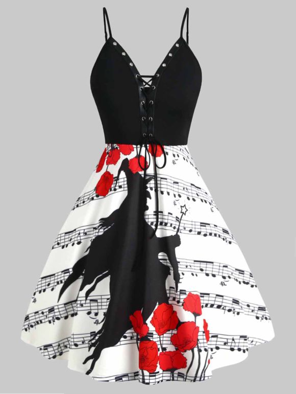 Robe d'Halloween Note de Musique Imprimée de Grande Taille à Lacets - Blanc 5X