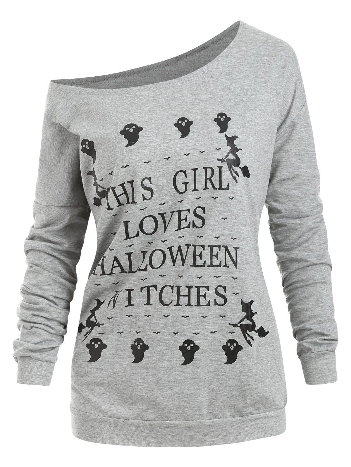 

Skew Neck Ghost Letter Halloween Loose Sweatshirt, Gray