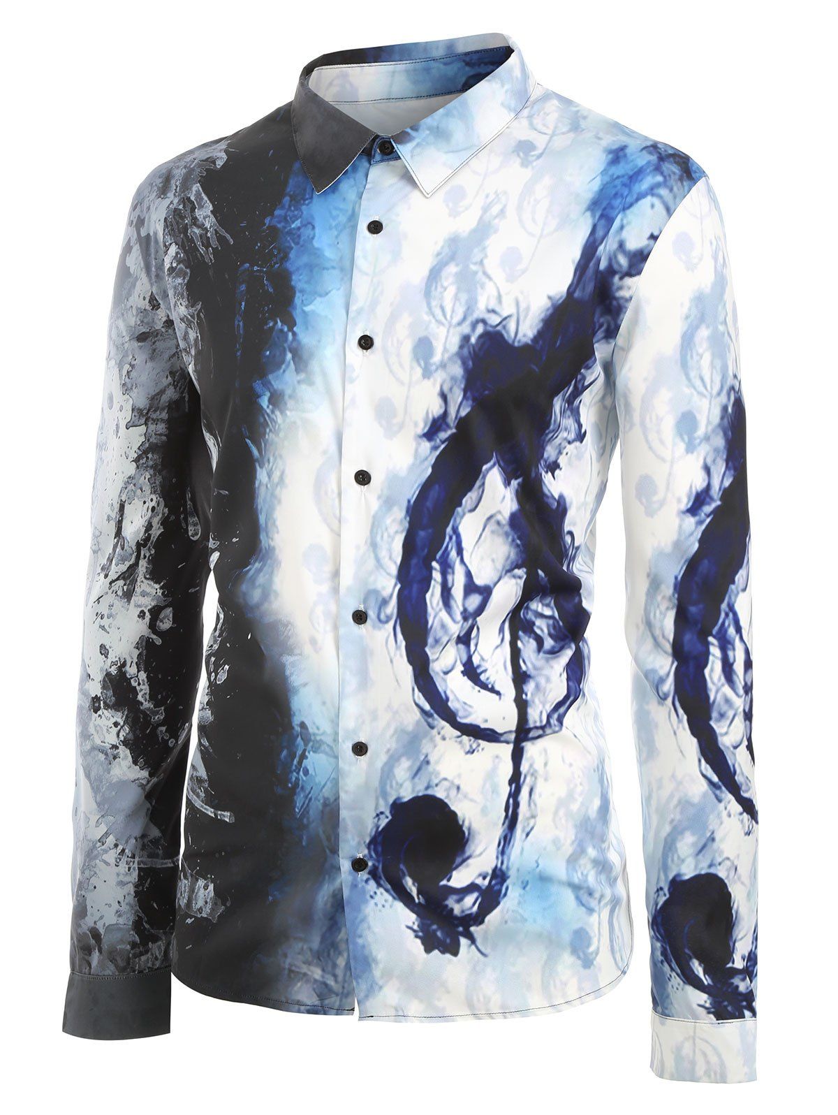 

Plus Size Ink Music Notes Print Long Sleeve Button Up Festival Shirt, White