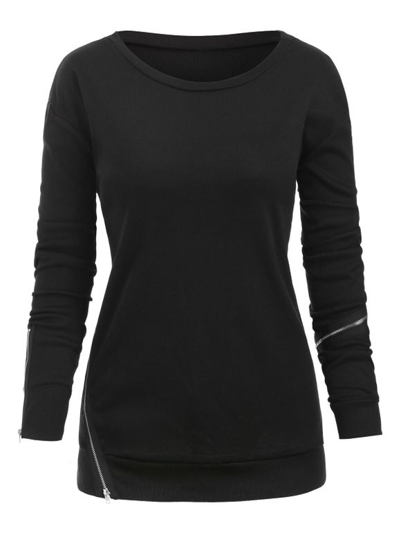 Sweat-shirt Lâche Embelli de Zip en Couleur Unie - Noir 2XL