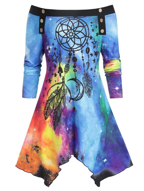 T-shirt Mouchoir 3D Galaxie et Plume Imprimées à Epaule Dénudée de Grande Taille - multicolor 2X