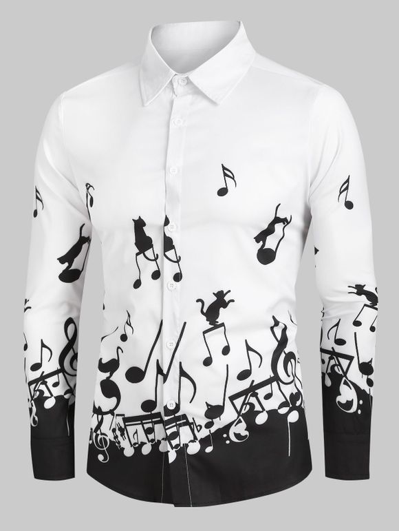 Chemise de Fête Boutonnée Notes de Musique et Chat Imprimés à Manches Longues - Blanc 2XL