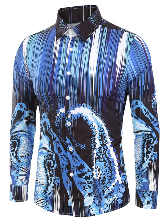 Chemise Boutonnée Rayure et Cachemire Imprimés à Manches Longues - Bleu Lapis XL