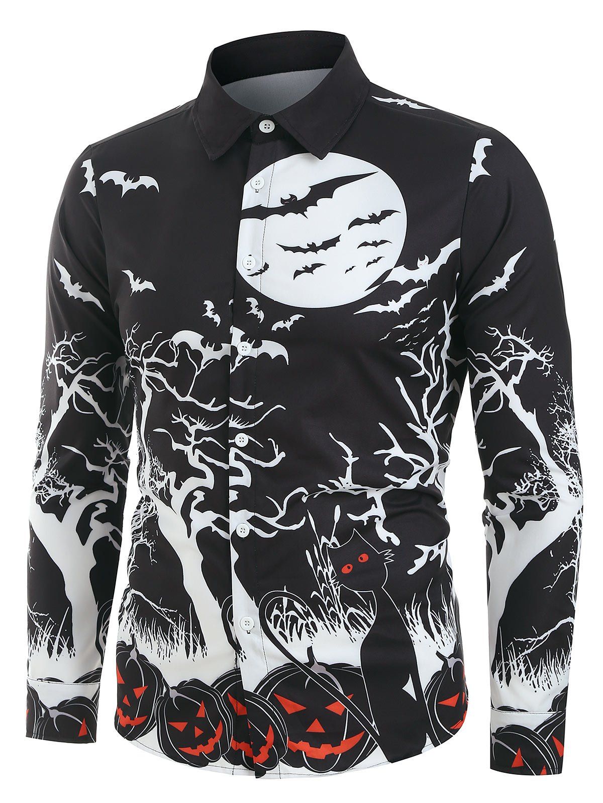 Halloween Night Pumpkins Print Button Up Long Sleeve Shirt - BLACK M