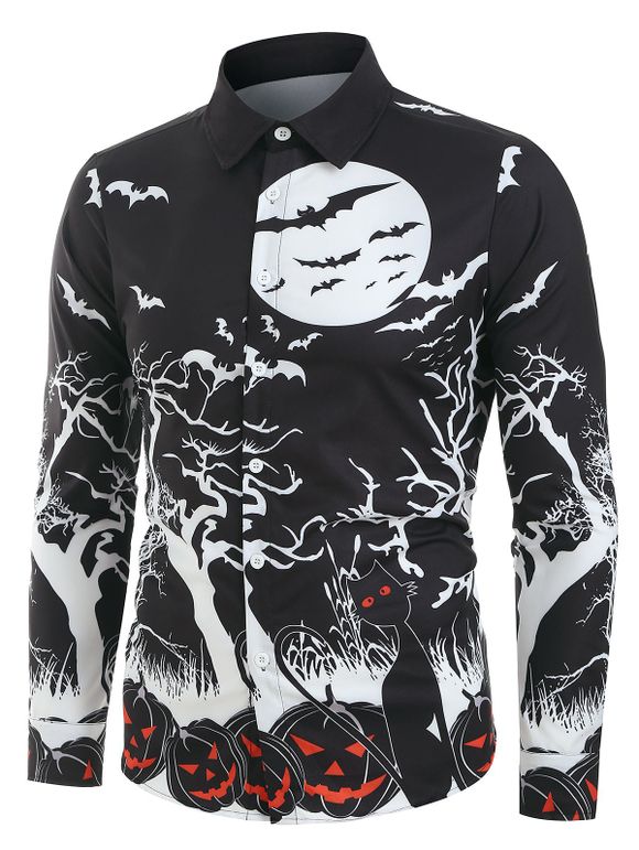 Chemise d'Halloween Boutonnée Citrouille Nuit Imprimée à Manches Longues - Noir S