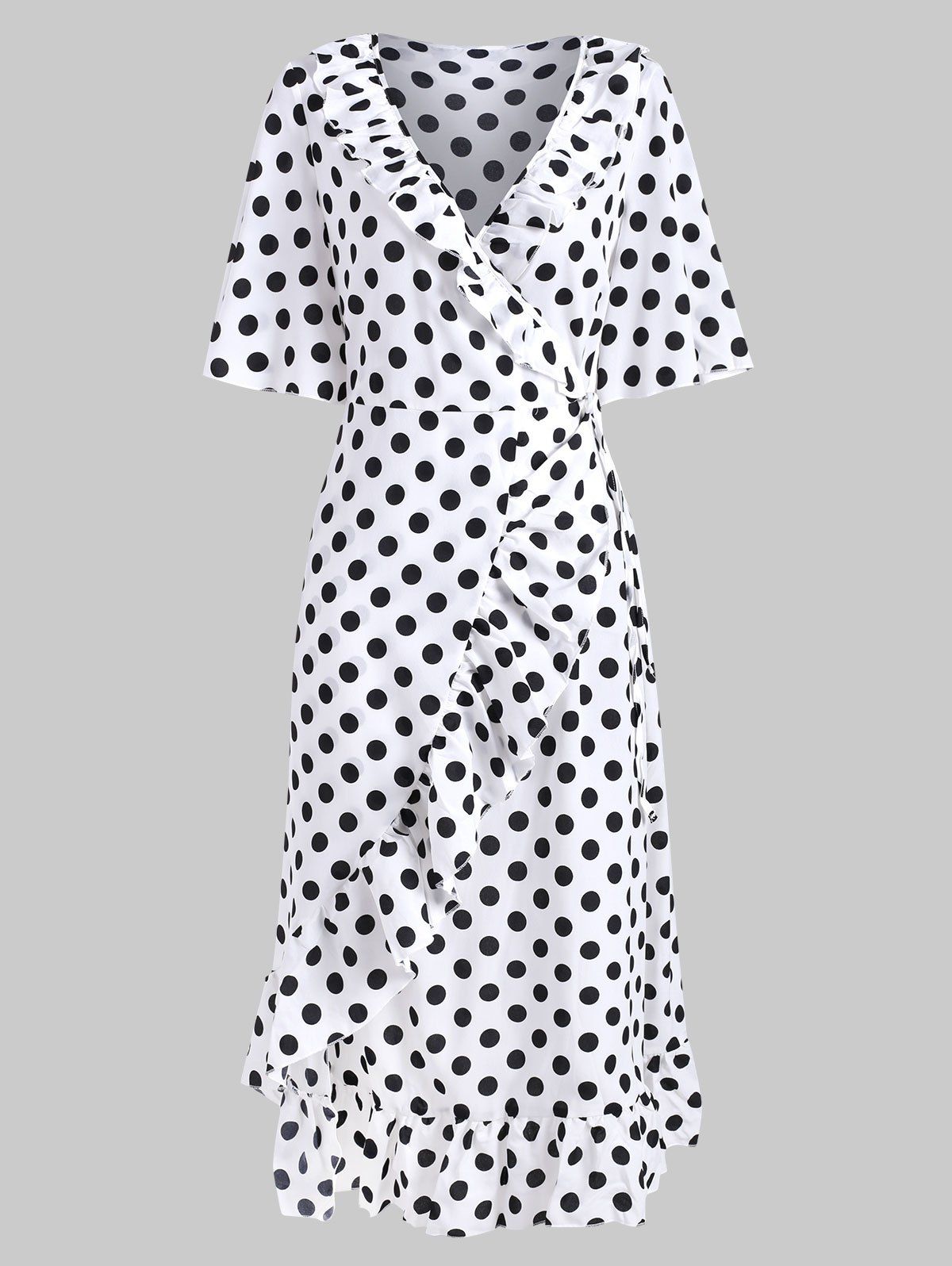 

Ruffle Polka Dot Midi Wrap Dress, White