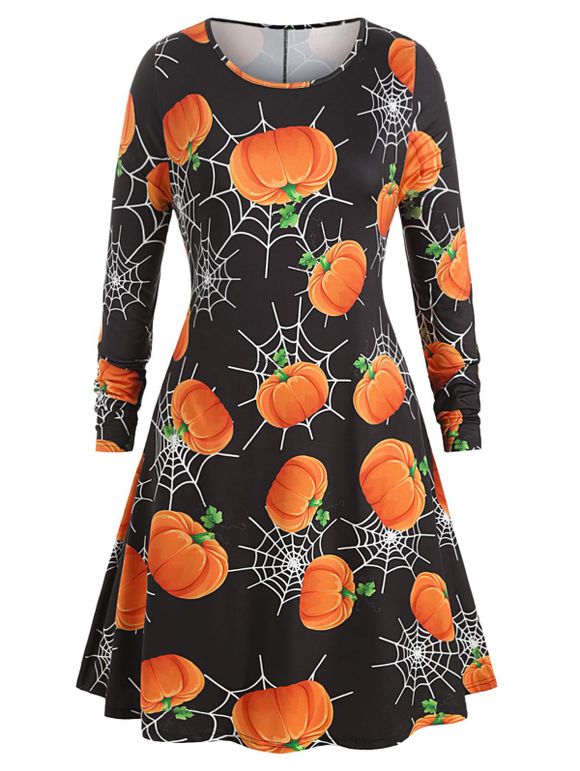 Robe d'Halloween Toile d'Araignée et Citrouille Imprimés Grande Taille - multicolor A L