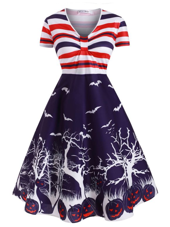 Pumpkin Bat Print Stripes Halloween Plus Size Dress - PURPLE L