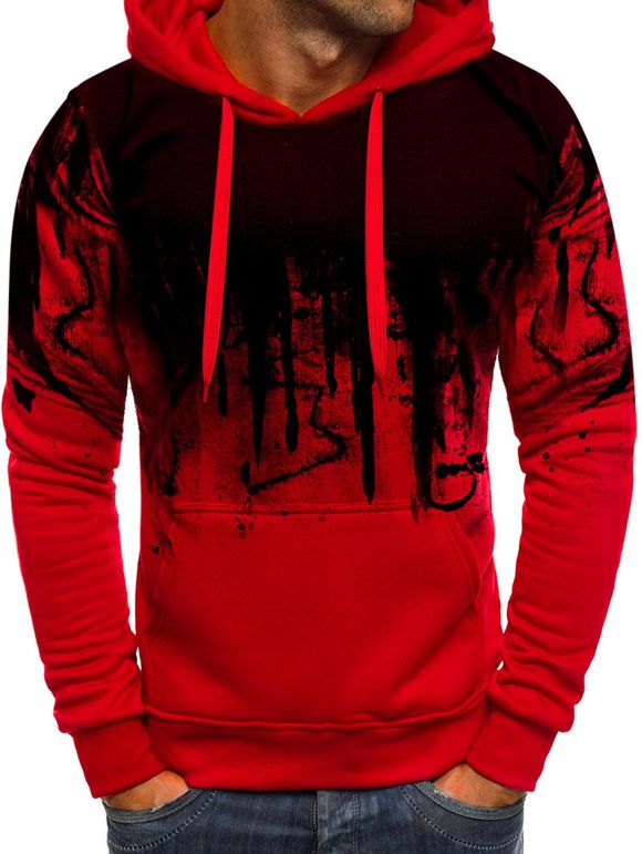 Sweat à Capuche Peinture Dégradée Abstraite à Cordon avec Poche Kangourou - Rouge S