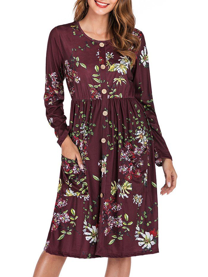 

Floral Button Embellished Pocket Dress, Multi-a