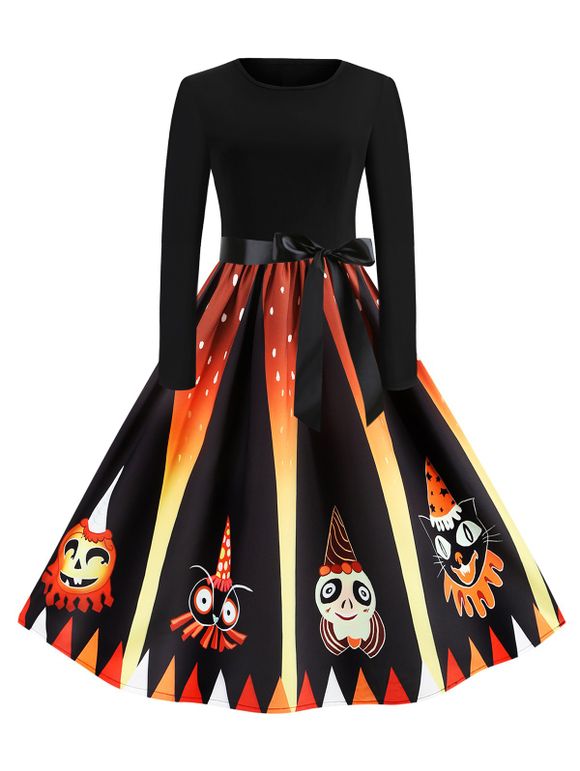 Robe d'Halloween Mi-Longue à Imprimé Citrouille et Démon - multicolor M