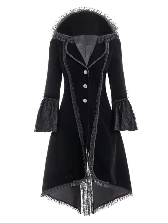 Manteau Trench Haut Bas Gothique en Dentelle Embelli de Bouton - Noir 3XL