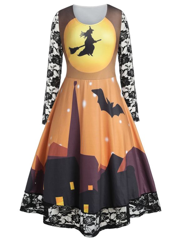 Robe Rétro d'Halloween à Imprimé Château Panneau en Dentelle de Grande Taille à Manches Longues - Jaune Soleil L