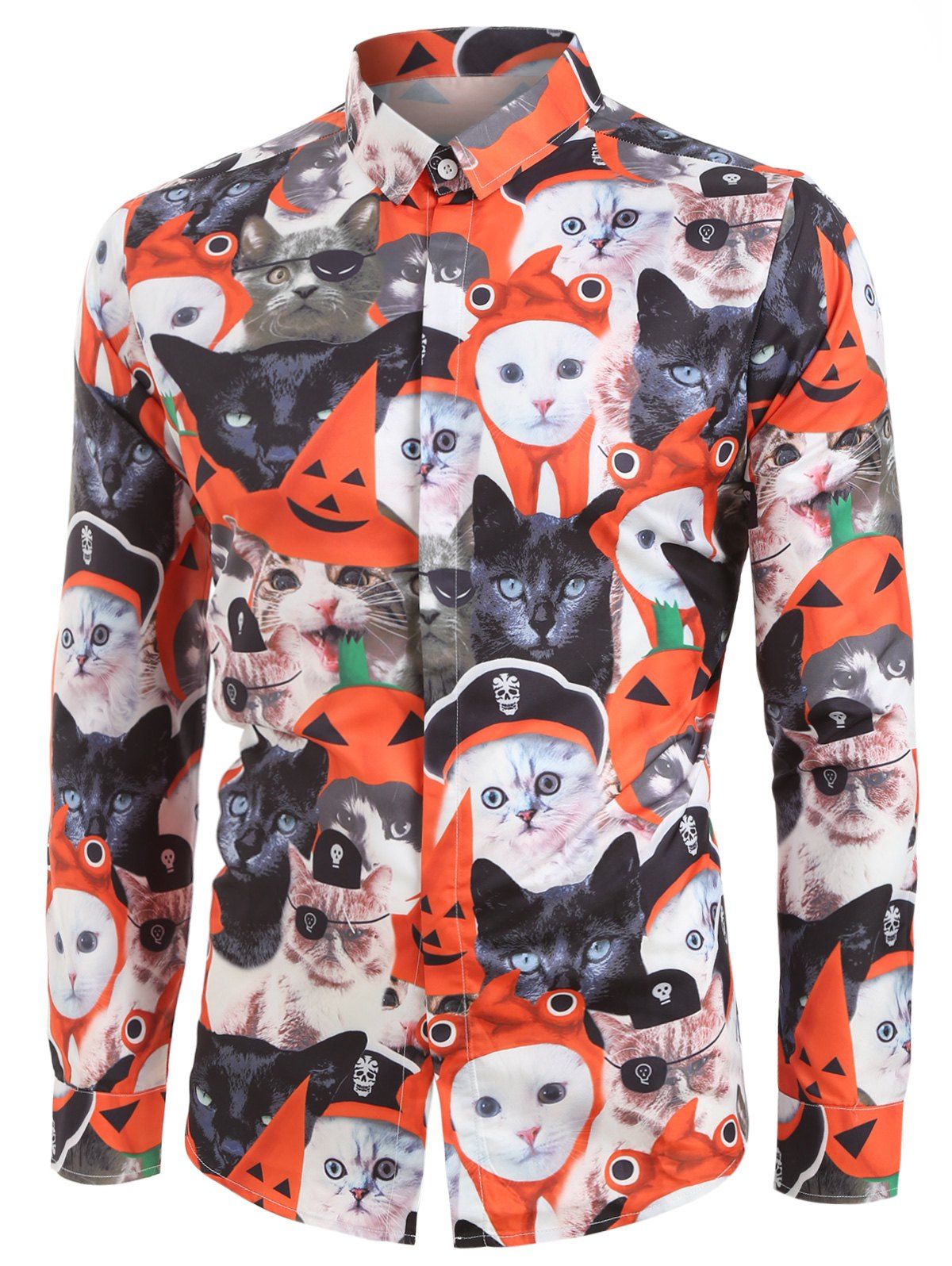 Chemise Boutonnée avec Imprimé Chat Animal à Manches Longues - multicolor A S