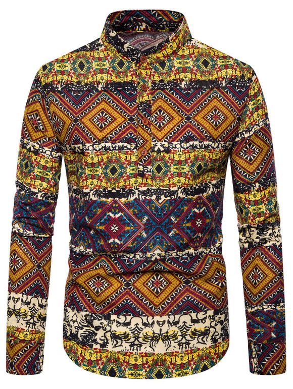 Chemise Géométrique Ethnique Imprimée à Manches Longues - Jaune M