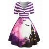 Robe d'Halloween Panneau Rayé Chauve-souris Imprimée de Grande Taille à Col V - Iris Pourpre 1X